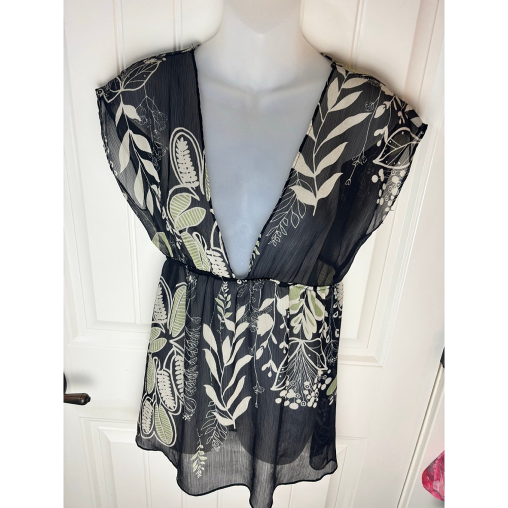 Y2K Vintage Charlotte Russe Black Green Leaf Print Sheer Babydoll Top M